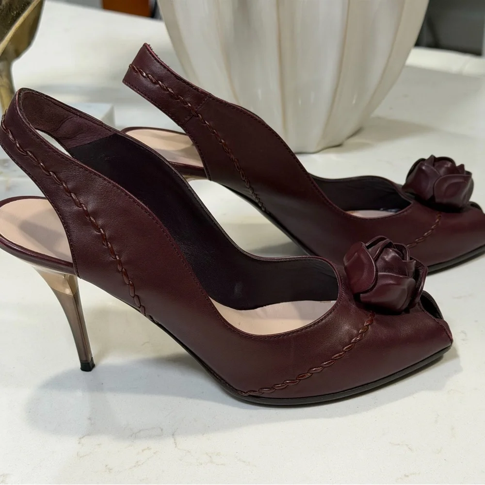 Salvatore Ferragamo Dark Red Peep-Toe Heels - Picture 6 of 10